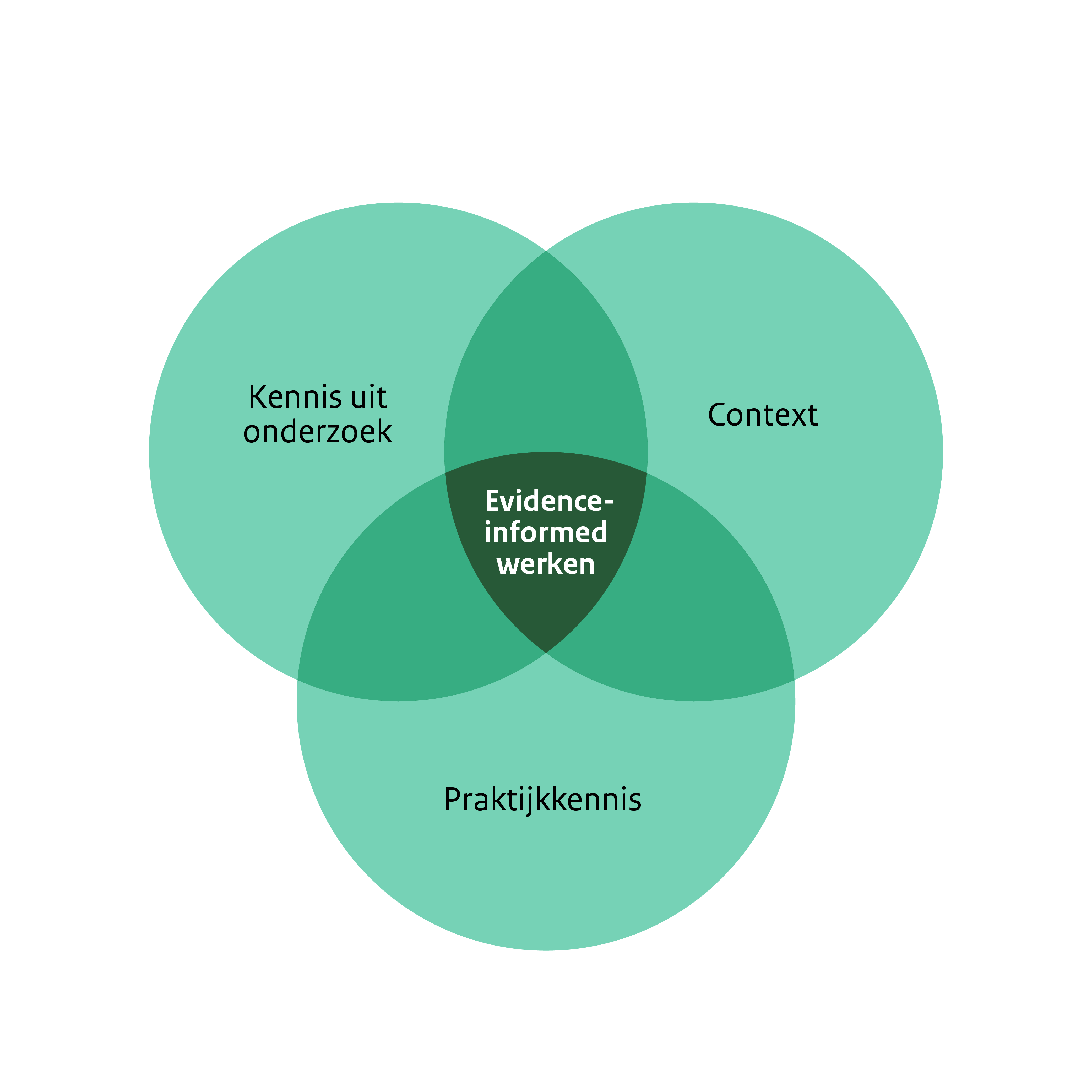 Drie cirkels met daarin verschillende woorden. Samen geven ze de verschillende aandachtspunten binnen evidence-informed werken weer.